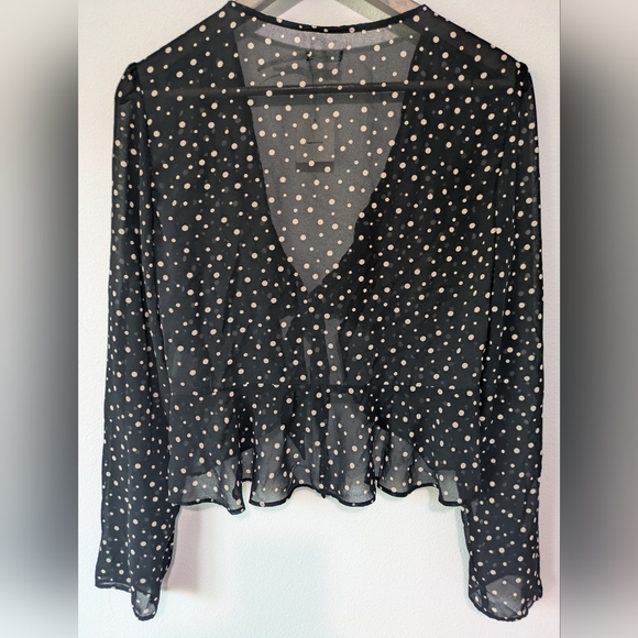KIMCHI BLUE Tie Front Crop Polka Dots Black White Top Blouse Size L Sheer Kimono - Picture 5 of 11